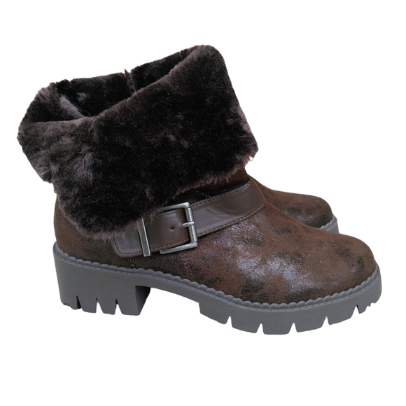 LFL By Lust For Life 7.5 Brown Faux Fur Buckle Snap Chunky Metallic Brown Boots - Picture 4 of 16